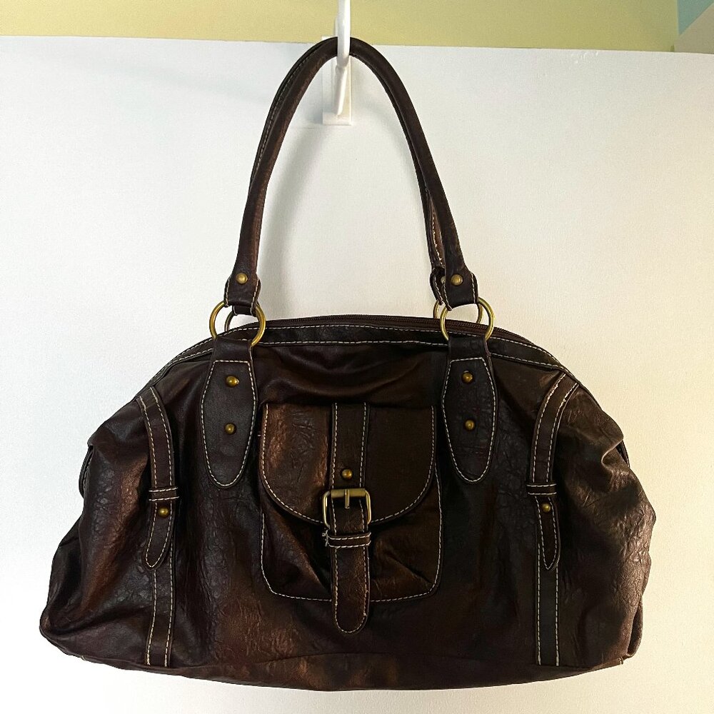 Brown Satchel / Hobo Style Purse w/ Brushed Gold Accents